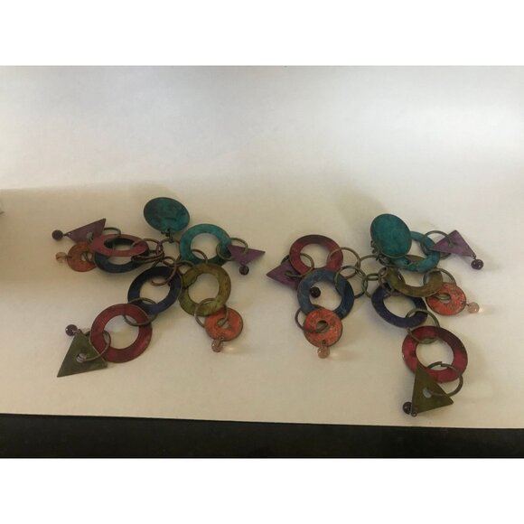 Vtg 1960's Handmade Mod Dangle 5 Drop Circles Clip On Earrings Deep Blue - Picture 7 of 8